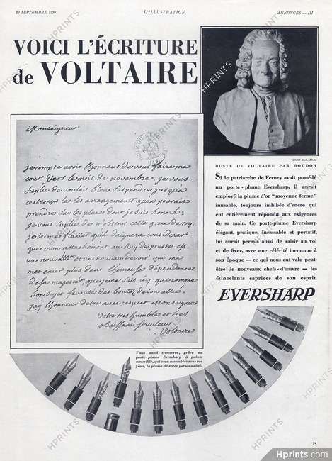 Eversharp (Pens) 1930 Portrait Voltaire Houdon, Autograph