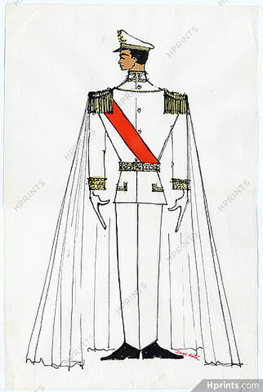 Serge Matta 1960 Full-Dress Uniform, Original Fashion Drawing Watercolor Signed