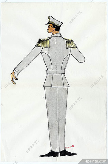 Serge Matta 1960 Uniform, Original Fashion Drawing Watercolor Signed