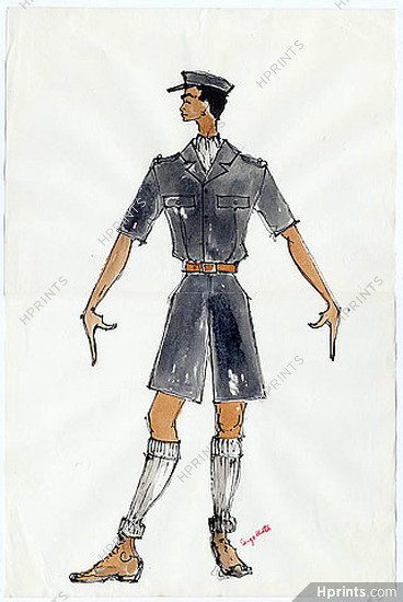Serge Matta 1960 Uniform, Original Fashion Drawing Watercolor Signed