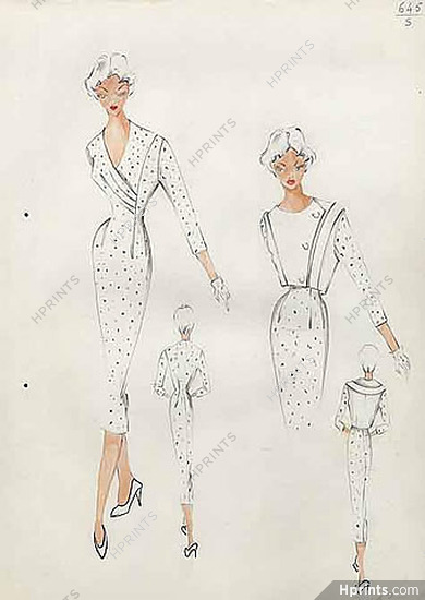 Original sketch in the graphite and the watercolor, for a 1950s Album of fashion trends