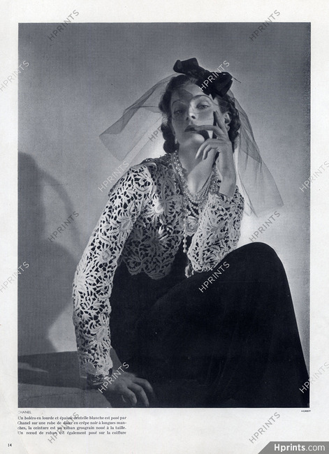Chanel 1938 White lace Bolero, Black Dress, Jangles of Pearls and Gold, Photo Horst
