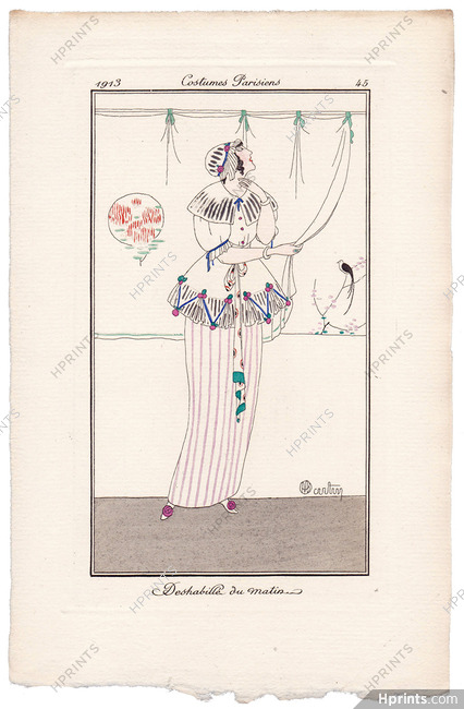 Charles Martin 1913 Journal des Dames et des Modes Costumes Parisiens Pochoir N°45 Morning Negligee
