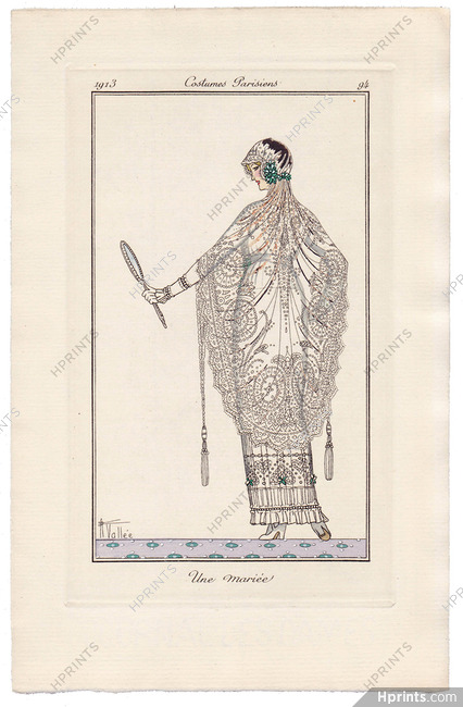 Armand Vallée 1913 Journal des Dames et des Modes Costumes Parisiens Pochoir N°94 Wedding Dress