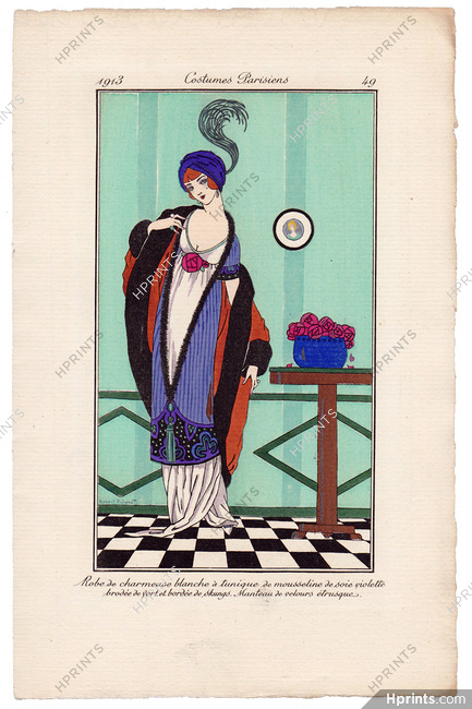 Robert Pichenot 1913 Journal des Dames et des Modes Costumes Parisiens Pochoir N°49 Robe de charmeuse blanche, Manteau de velours étrusque