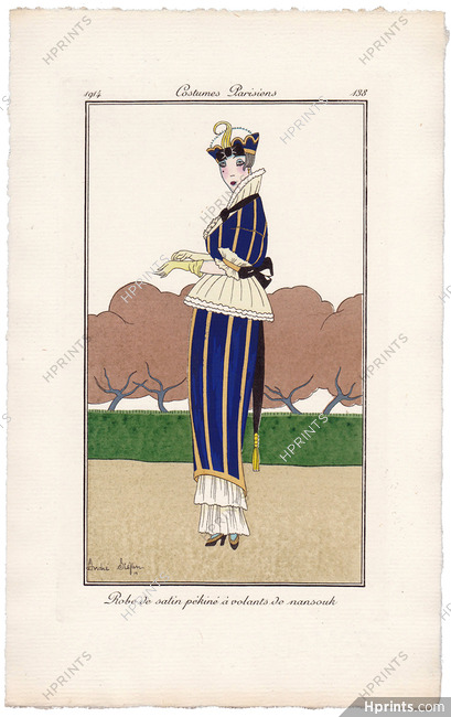 André Stéfan 1914 Journal des Dames et des Modes Costumes Parisiens Pochoir N°138 Satin Dress