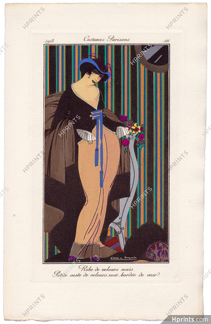 Pierre E. Legrain 1913 Journal des Dames et des Modes Costumes Parisiens Pochoir N°111 Velvet Dress