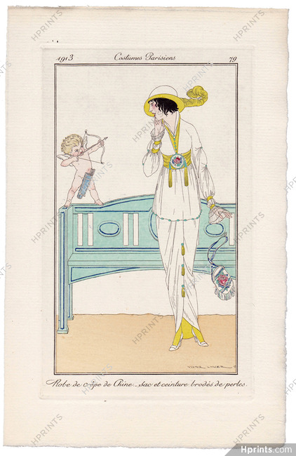Victor Lhuer 1913 Journal des Dames et des Modes Costumes Parisiens Pochoir N°79 Eros Angel