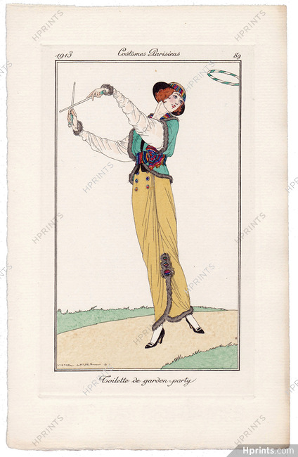 Victor Lhuer 1913 Journal des Dames et des Modes Costumes Parisiens Pochoir N°89 Garden Party Dress