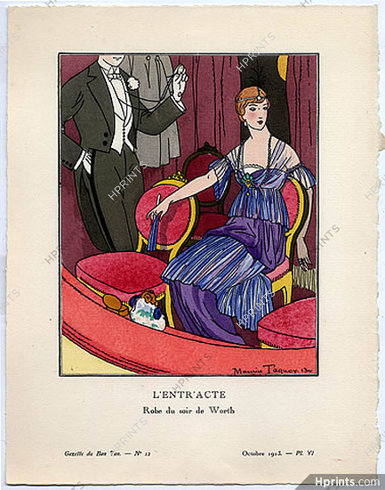 L'Entr'acte, 1913 - Maurice Taquoy, Robe du soir de Worth. La Gazette du Bon Ton, n°12 — Planche VI