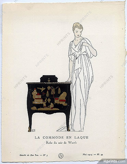 La Commode En Laque, 1914 - Bernard Boutet de Monvel, Robe du soir de Worth. La Gazette du Bon Ton, n°5 — Planche 49