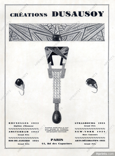 Dusausoy (Jewels) 1927 Pendant Perles soutenant une Pampille émeraude