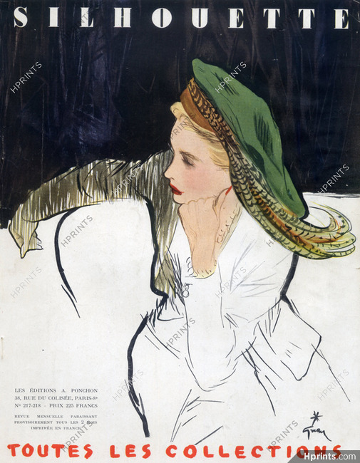 René Gruau 1947 Silhouette Cover, Feather Hat