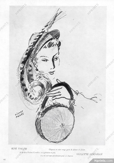 Rose Valois (Millinery) 1949 Feathers Hat, Pierre Pagès, Violette Cornille Handbag