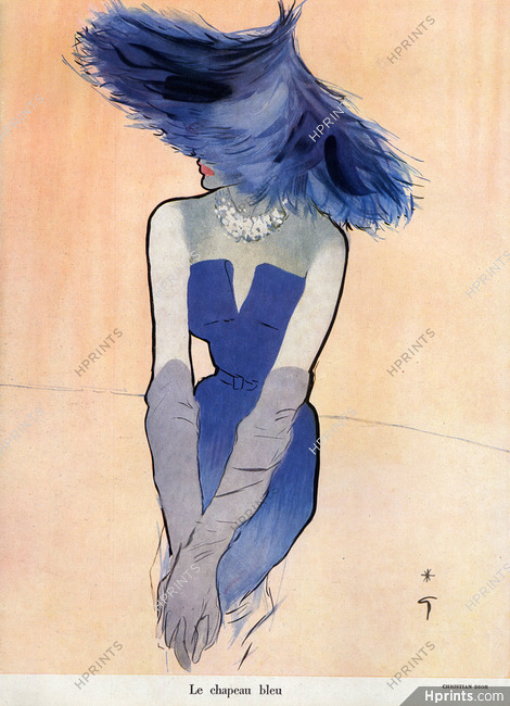 Christian Dior 1949 René Gruau, The Blue Hat, Dress