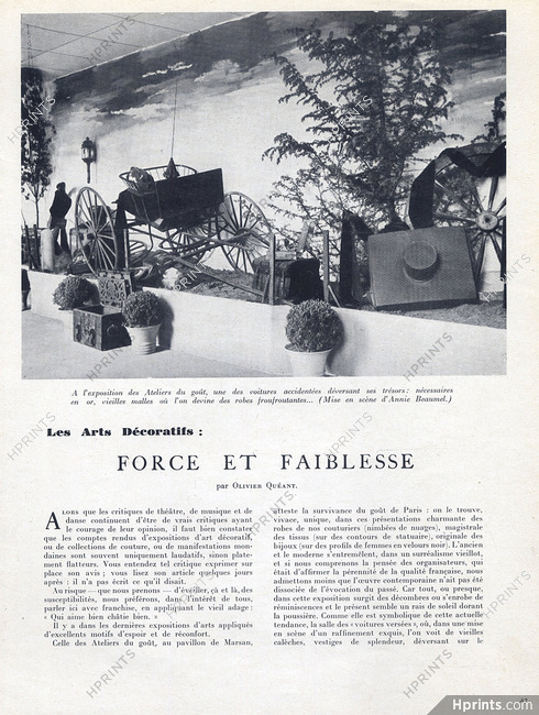 Les Arts Décoratifs : Force et Faiblesse, 1948 - Exposition des Ateliers du Goût Annie Beaumel, Hermès, Decorative Arts, Text by Olivier Quéant, 4 pages