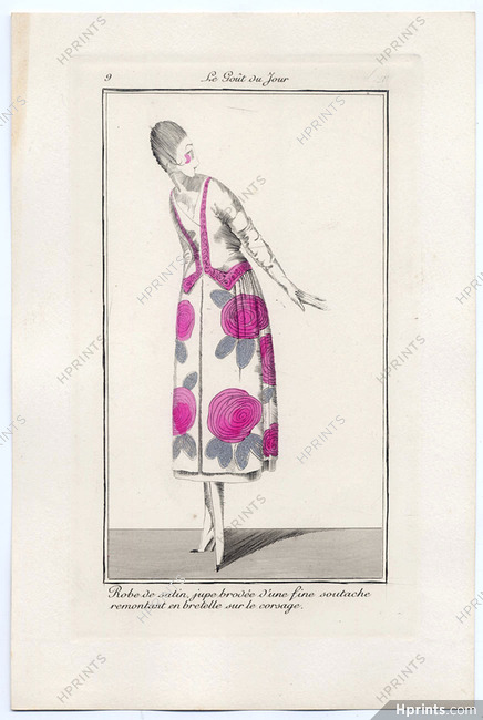 Le Goût du Jour 1920 N°9 Llano Flores Satin Dress Embroidered Skirt Pochoir