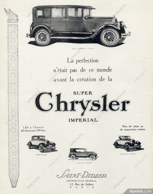 Chrysler (Cars) 1926 Sedan Limousine, Coupé royal, Phaeton, Roadster
