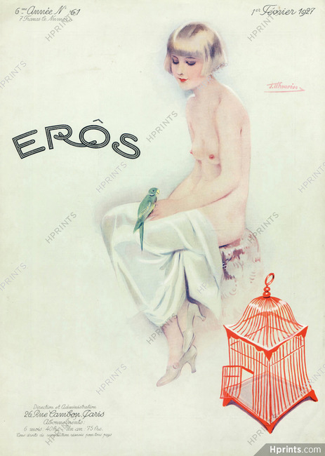 Suzanne Meunier 1927 Février, Eros cover, Nude, Parrot