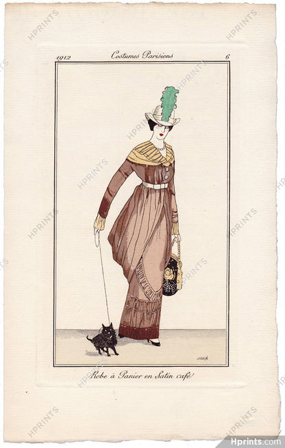 Francisco Javier Gosé 1912 Journal des Dames et des Modes Costumes Parisiens Pochoir N°6 Robe à Panier en Satin café