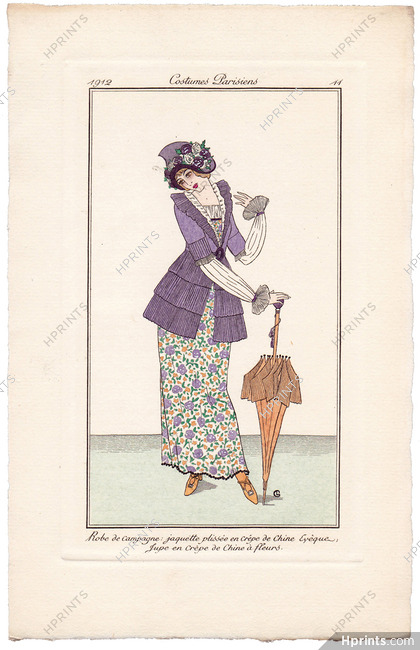 Germaine Lemaire 1912 Journal des Dames et des Modes Costumes Parisiens Pochoir N°11 Robe de campagne