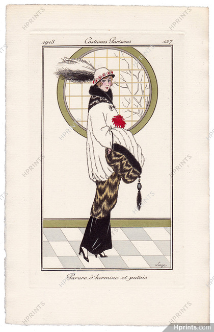 Loeze 1913 Journal des Dames et des Modes Costumes Parisiens Pochoir N°127 Fur Coat, Muff