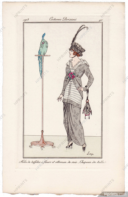 Loeze 1913 Journal des Dames et des Modes Costumes Parisiens Pochoir N°90 Parrot