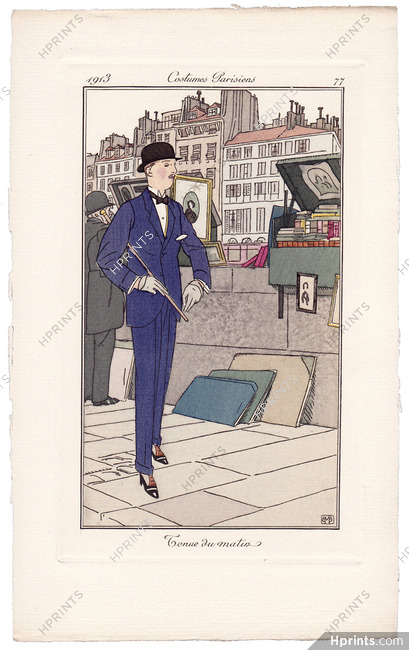 Bernard Boutet de Monvel 1913 Journal des Dames et des Modes Costumes Parisiens Pochoir N°77 Men's Clothing Book stalls along the Seine