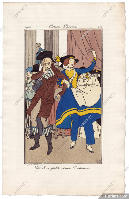 Bernard Boutet de Monvel 1914 Journal des Dames et des Modes Costumes Parisiens Pochoir N°144 Un Incroyable et une Cantinière