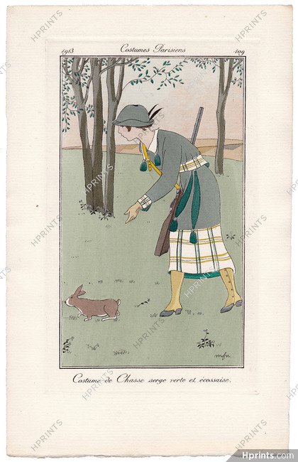 Madeleine Franc-Nohain 1913 Journal des Dames et des Modes, Costumes Parisiens, Pochoir N°109 Huntress