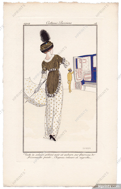 Fernand SIMEON 1912 Journal des Dames et des Modes Costumes Parisiens Pochoir N°18 Elegant Parisienne