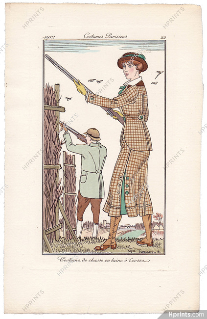 Maurice TAQUOY 1912 Journal des Dames et des Modes, Costumes Parisiens Pochoir N°22 Huntress