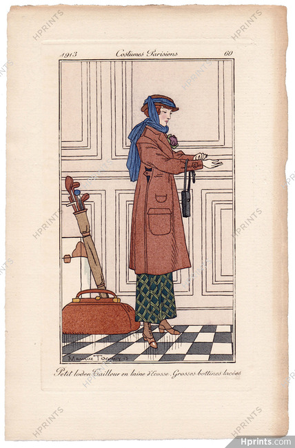 Maurice Taquoy 1913 Journal des Dames et des Modes Costumes Parisiens Pochoir N°60 Petit loden Tailleur, Golf
