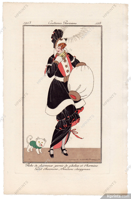 Victor Lhuer 1913 Journal des Dames et des Modes Costumes Parisiens Pochoir N°128 Pomeranian dog