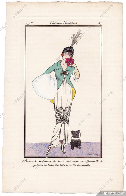 J. Renée Souef 1913 Journal des Dames et des Modes Costumes Parisiens Pochoir N°57 Robe de cachemire de soie brodée