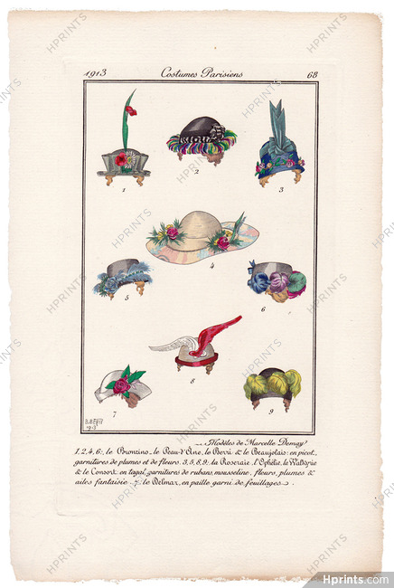 Marcelle Demay (Millinery) Berty 1913 Journal des Dames et des Modes Costumes Parisiens Pochoir N°68 Hats