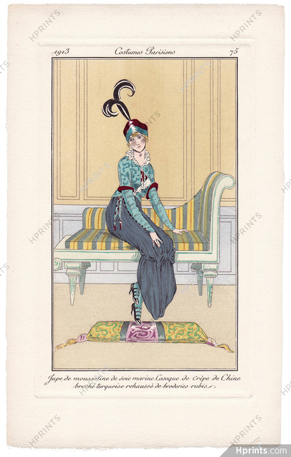 1913 Journal des Dames et des Modes Costumes Parisiens Pochoir N°75 Recamier Sofa, Elegant Parisienne