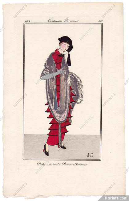 Jan Van Brock 1914 Journal des Dames et des Modes Costumes Parisiens Pochoir N°132 Elegant Parisienne