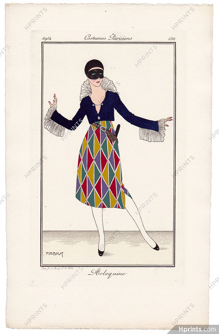Fabius Lorenzi 1914 Journal des Dames et des Modes Costumes Parisiens Pochoir N°152 Harlequin