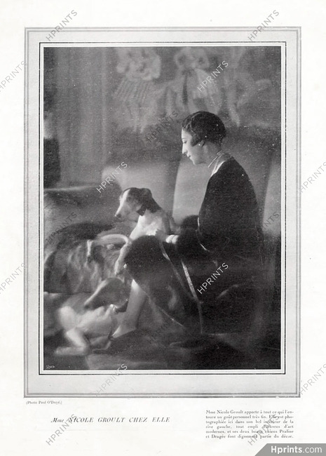 Nicole Groult (Couture) 1926 Mrs Nicole Groult with her dogs Praline & Dragée, Sighthound, Greyhound