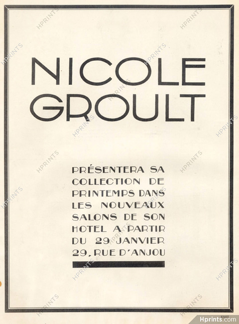 Nicole Groult 1926 Label, Address: 29 rue d'Anjou, Paris