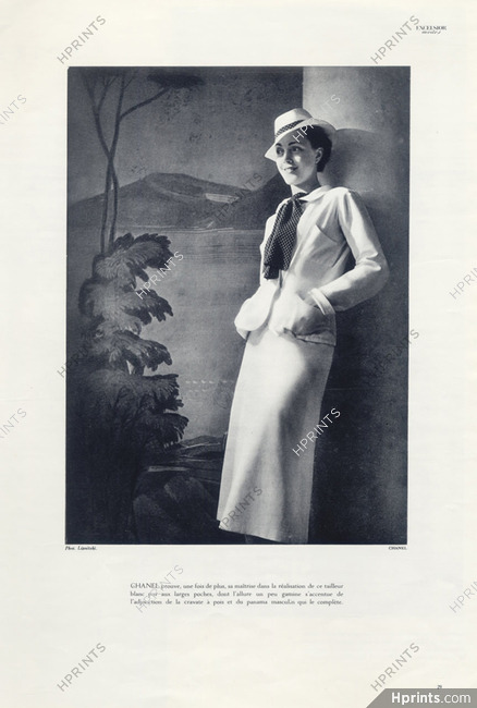 Chanel 1935 Tailleur blanc, Cravate à pois, Panama Masculin, Photo Lipnitsky