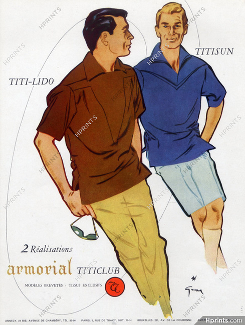 Club 1955 Armorial Titiclub, Titisun, Titi-Lido (Fabrics) 1955 René Gruau, Men's Clothing