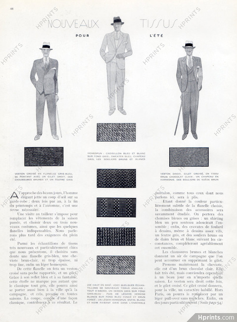 Nouveaux Tissus Pour l'Été, 1929 - The Fashionable Man New Fabrics, 2 pages