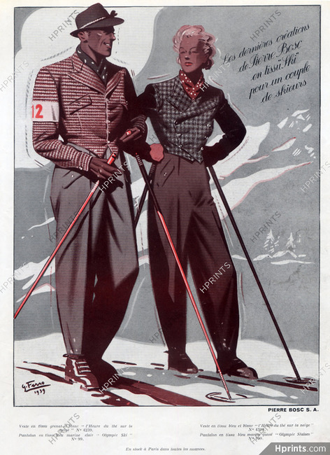 Pierre Bosc (Fabric) 1939 Skiing, Sport Fashion Illustration, G. Ferro