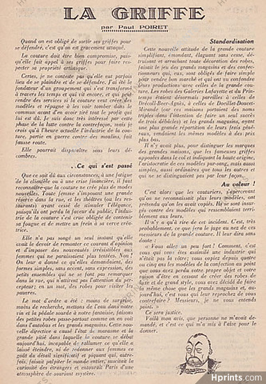 La Griffe, 1931 - La Grande Couture sort ses griffes contre la contrefaçon, Text by Paul Poiret