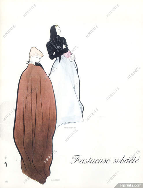 René Gruau 1947 Jean Dessès & Pierre Balmain Evening Gowns