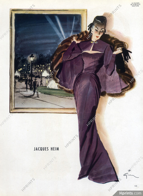Jacques Heim 1945 Evening Gown, Fur Cape, René Gruau