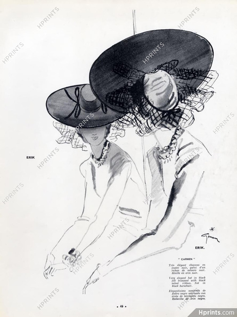 Erik (Millinery) 1940 Hat in black with Ribbon, René Gruau