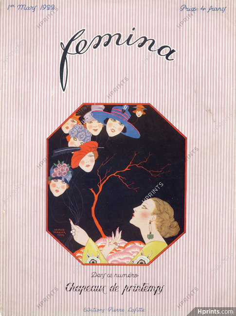 George Barbier 1922 Femina Cover, Hats, Art Deco
